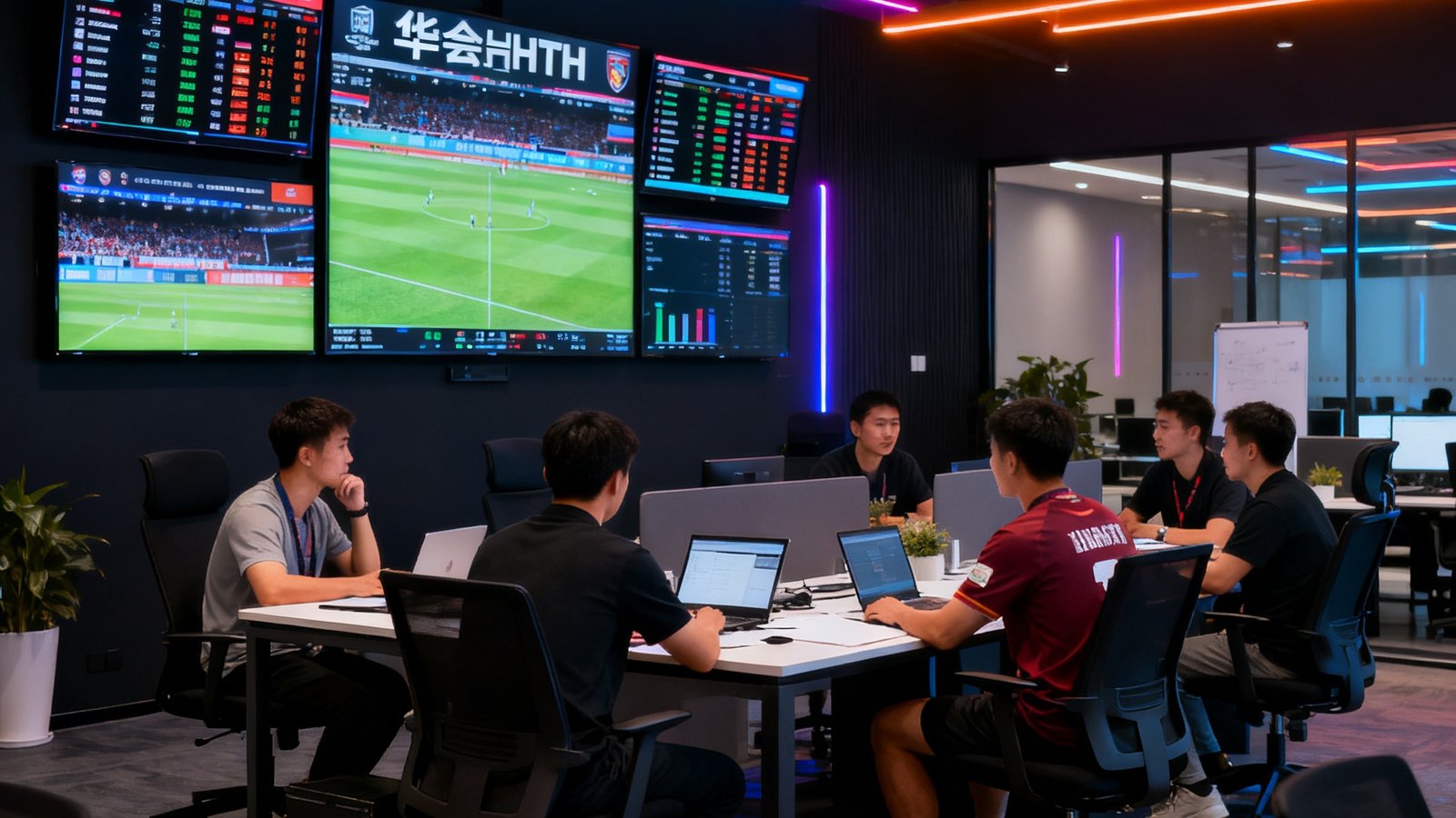 华体会HTH总部办公室全景，开放式办公区墙面悬挂多块赛事数据监控大屏，团队成员正在协作讨论产品迭代方案，环境采用深色主题与霓虹灯光装饰